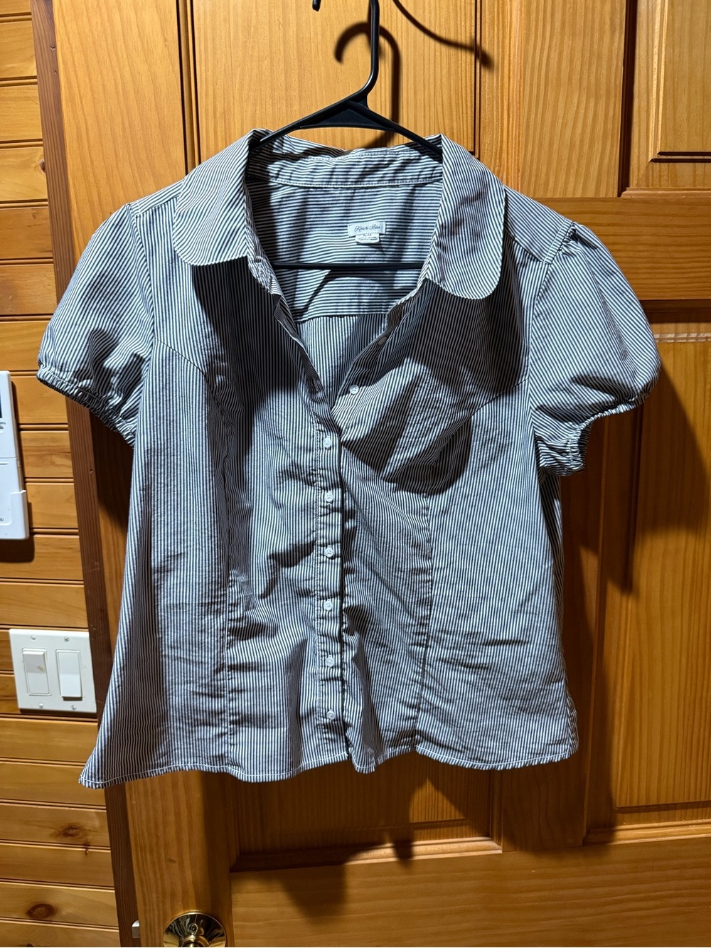 Button-Front Short Sleeve Blouse in Pinstripe